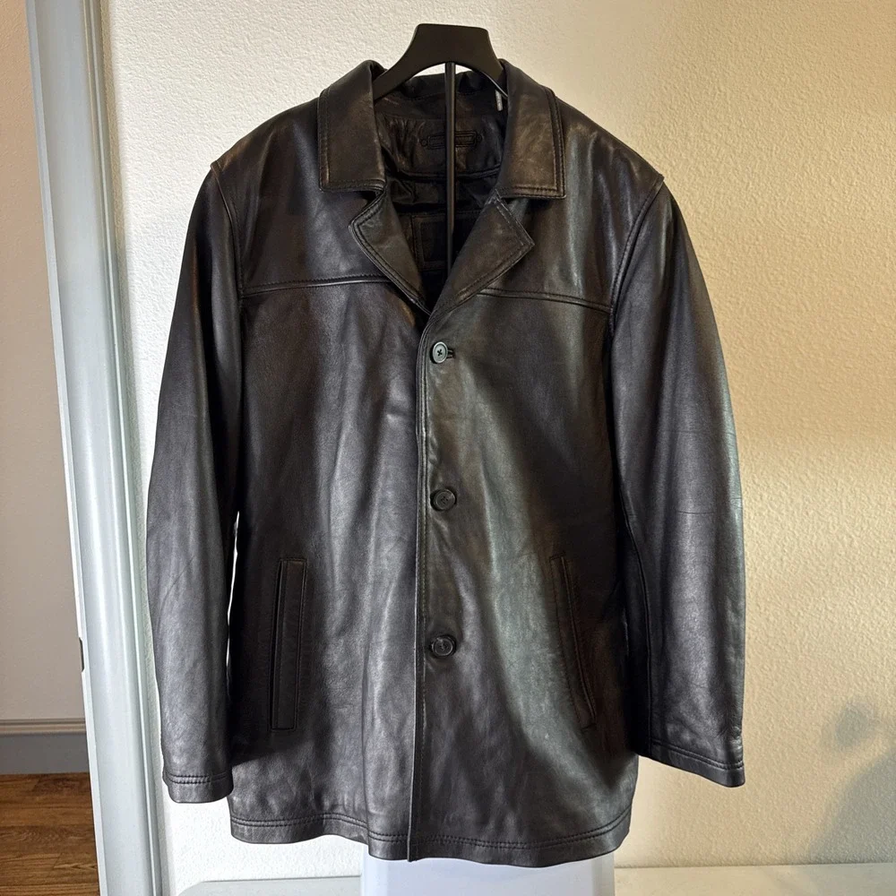 Mens Wilsons Leather Black Overcoat Jacket 100% Leather - Size Large